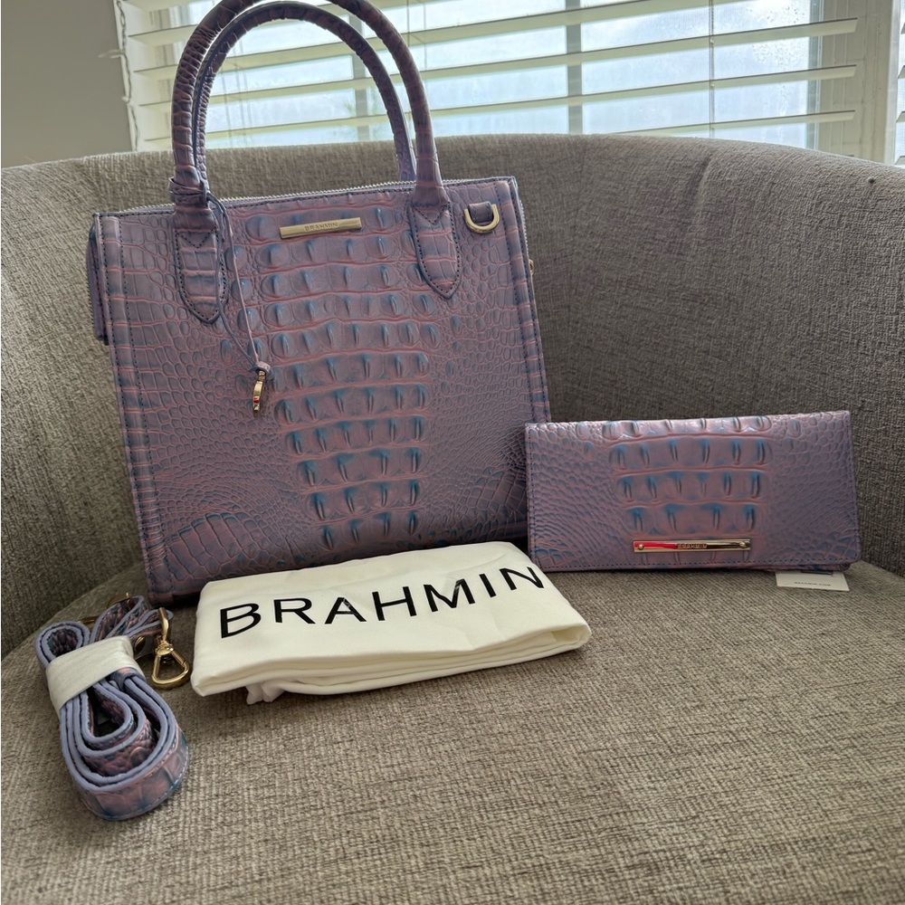 Brahmin frosted lilac Melbourne small Caroline Satchel and Ady wallet.